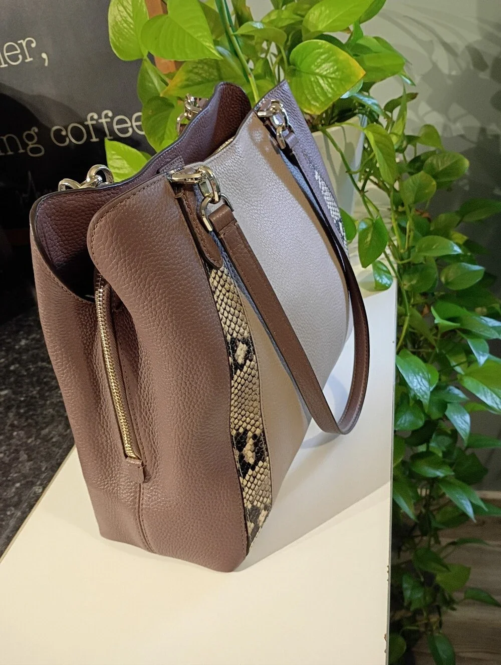 kate spade Taupe and Brown Tote with Snake-Print Trim